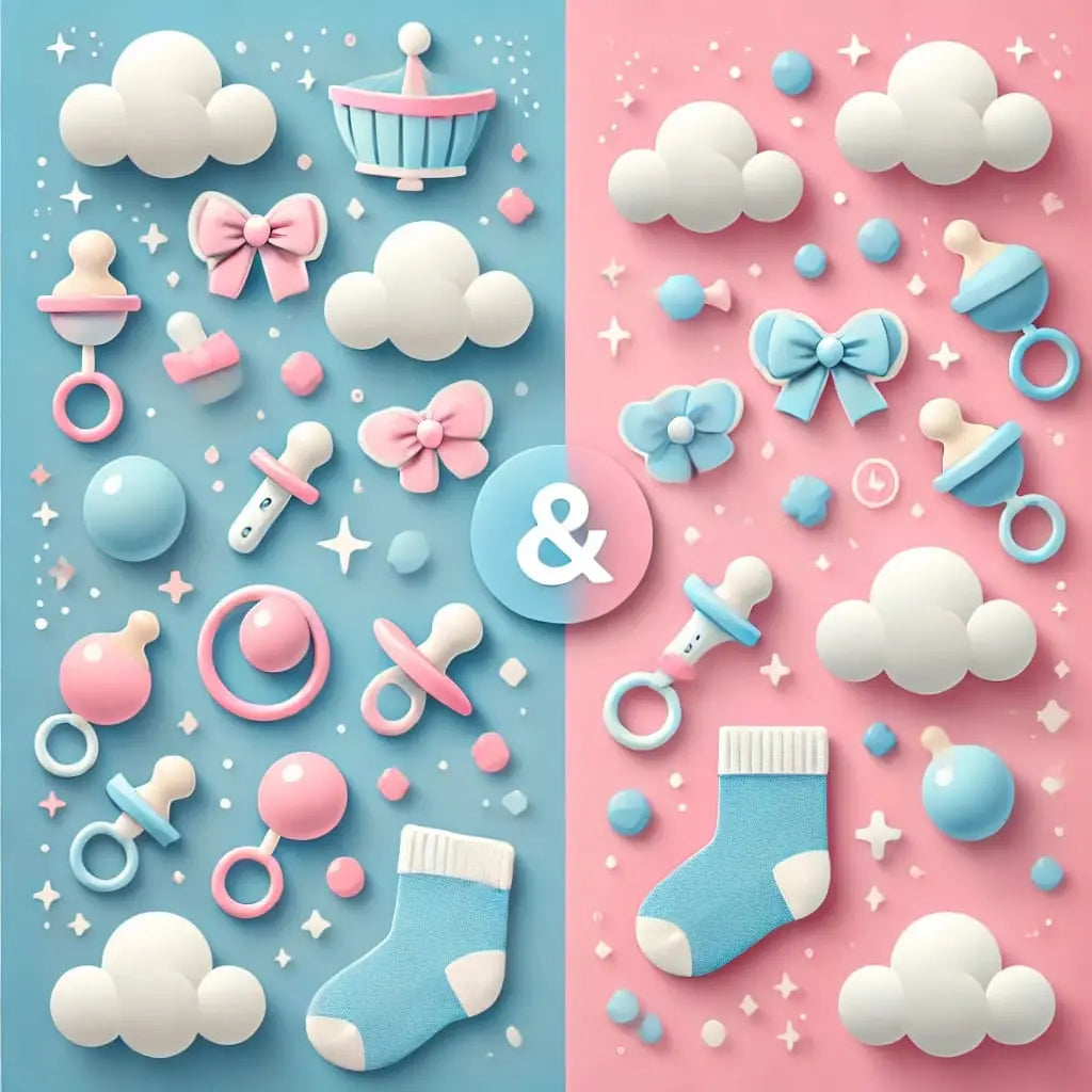 Rosa-blaue Bildhälften mit Deko-Elementen wie Schnuller, Wolken, Schleifen und Babysöckchen – ideal für Gender Reveal oder Babyparty.
