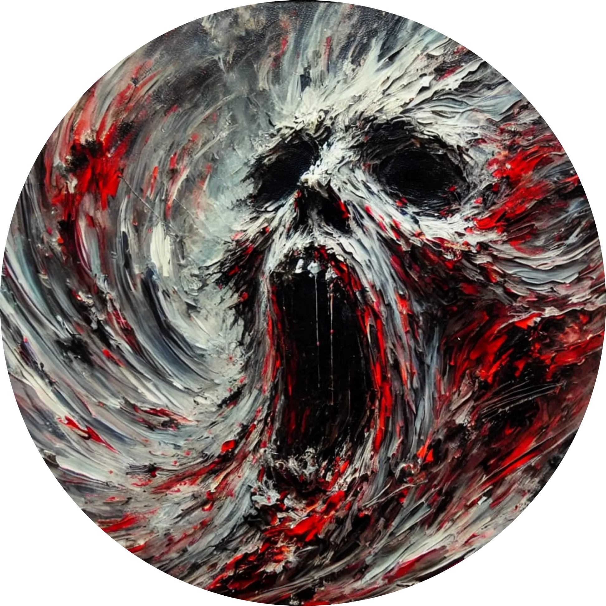 Schwarzes Loch mit roten Adern und schreienden Gesichtern in der Mitte
