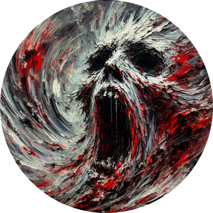 Schwarzes Loch mit roten Adern und schreienden Gesichtern in der Mitte
