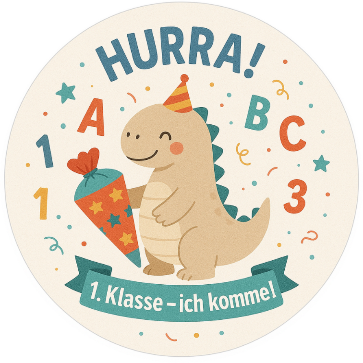Dino mit Schultüte und Zahlen – Text: „Hurra! 1. Klasse – ich komme!“

