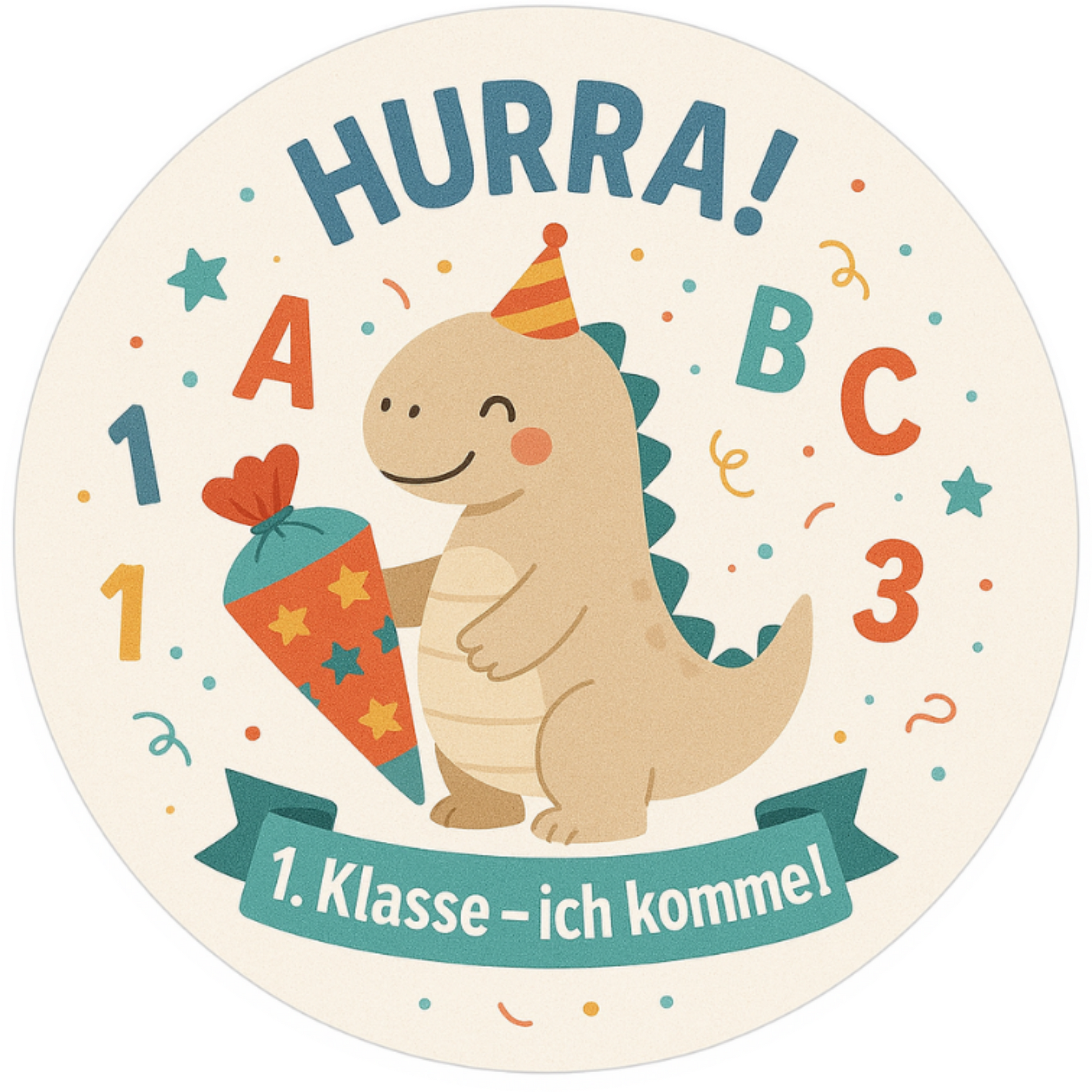 Dino mit Schultüte und Zahlen – Text: „Hurra! 1. Klasse – ich komme!“

