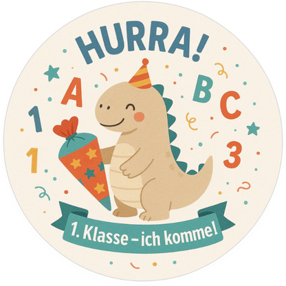Dino mit Schultüte und Zahlen – Text: „Hurra! 1. Klasse – ich komme!“

