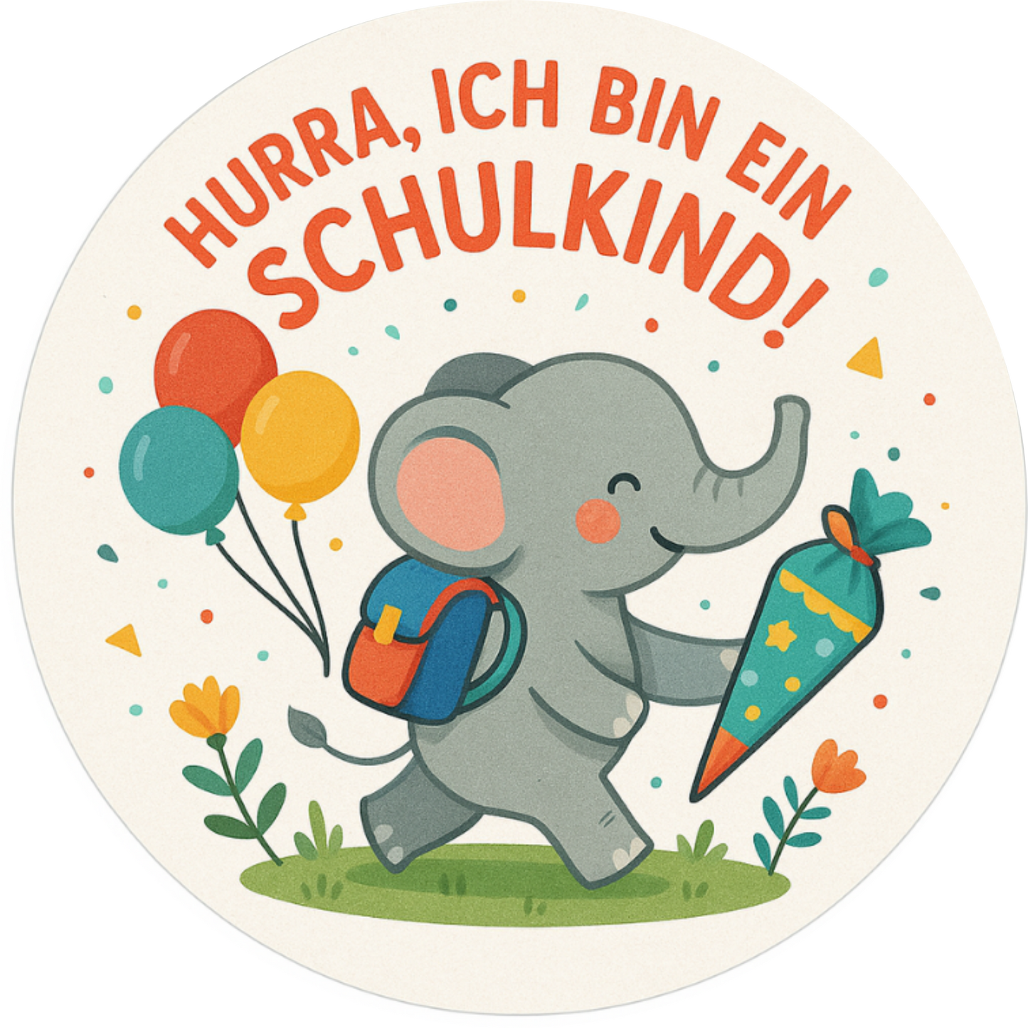 Schulkind-Motiv Elefant mit Schultüten und Text: „Hurra, ich bin ein Schulkind“
