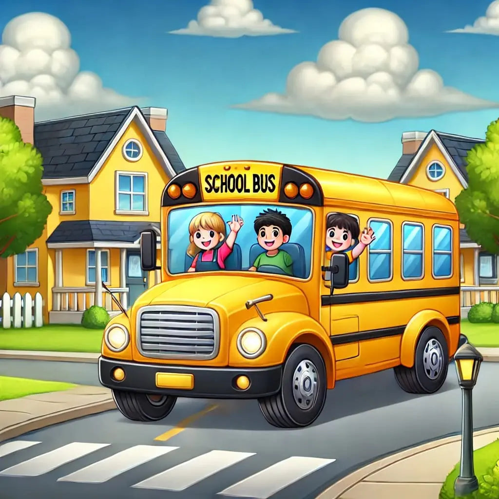 Schulbus mit Kindern vor buntem Schulgebäude in fröhlicher Umgebung.