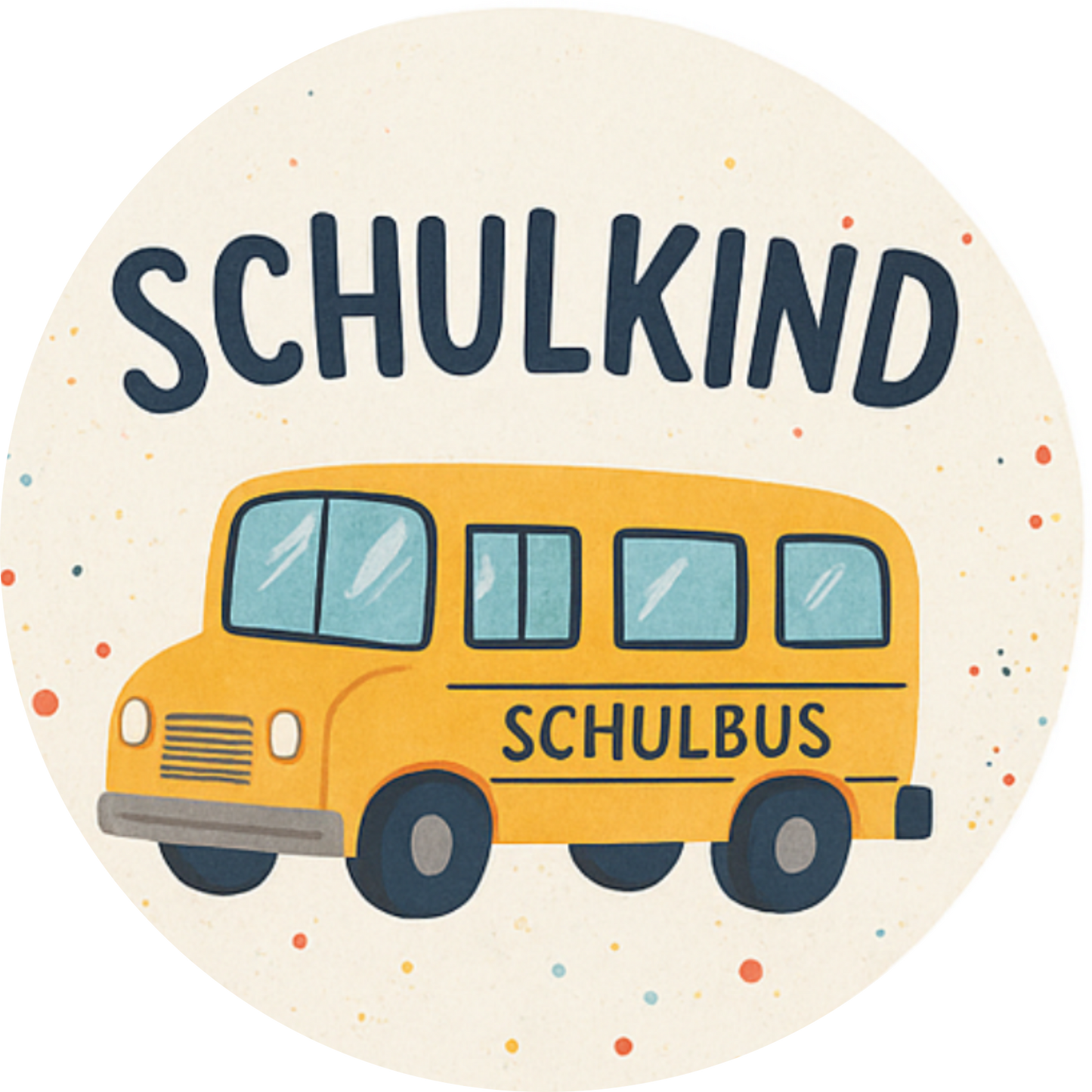Schulbus mit Schriftzug „Schulkind“ auf hellblauem Hintergrund