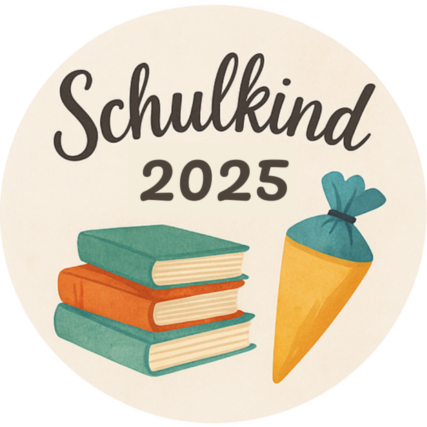 Schriftzug „Schulkind 2025“ mit Bücherstapel und Schultüte