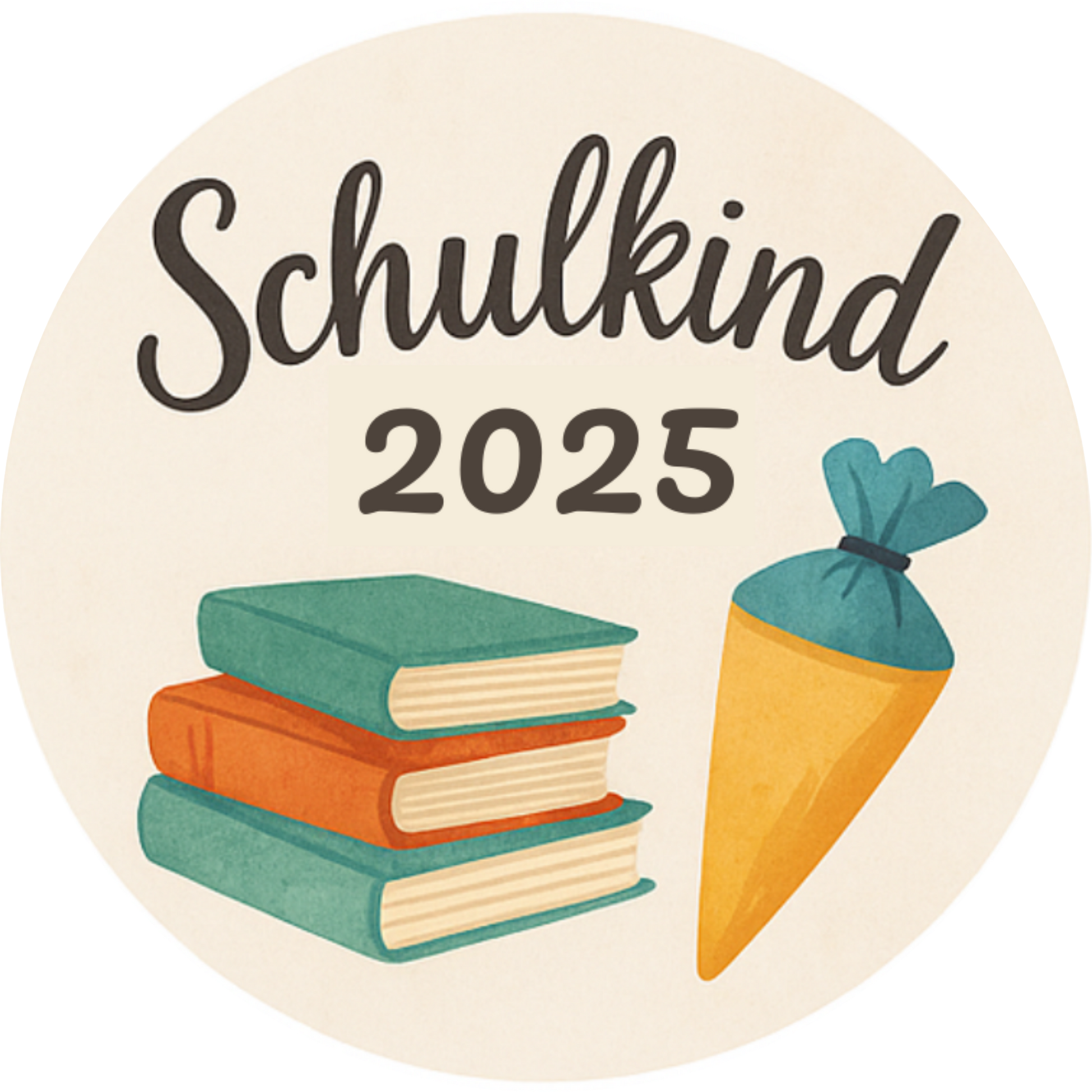 Schriftzug „Schulkind 2025“ mit Bücherstapel und Schultüte