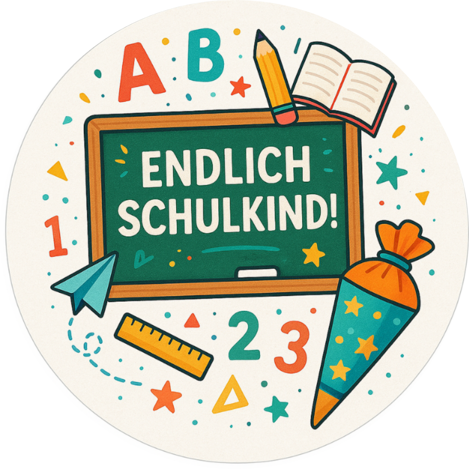 Bunte Buchstaben und Zahlen mit Text: „Endlich Schulkind!“