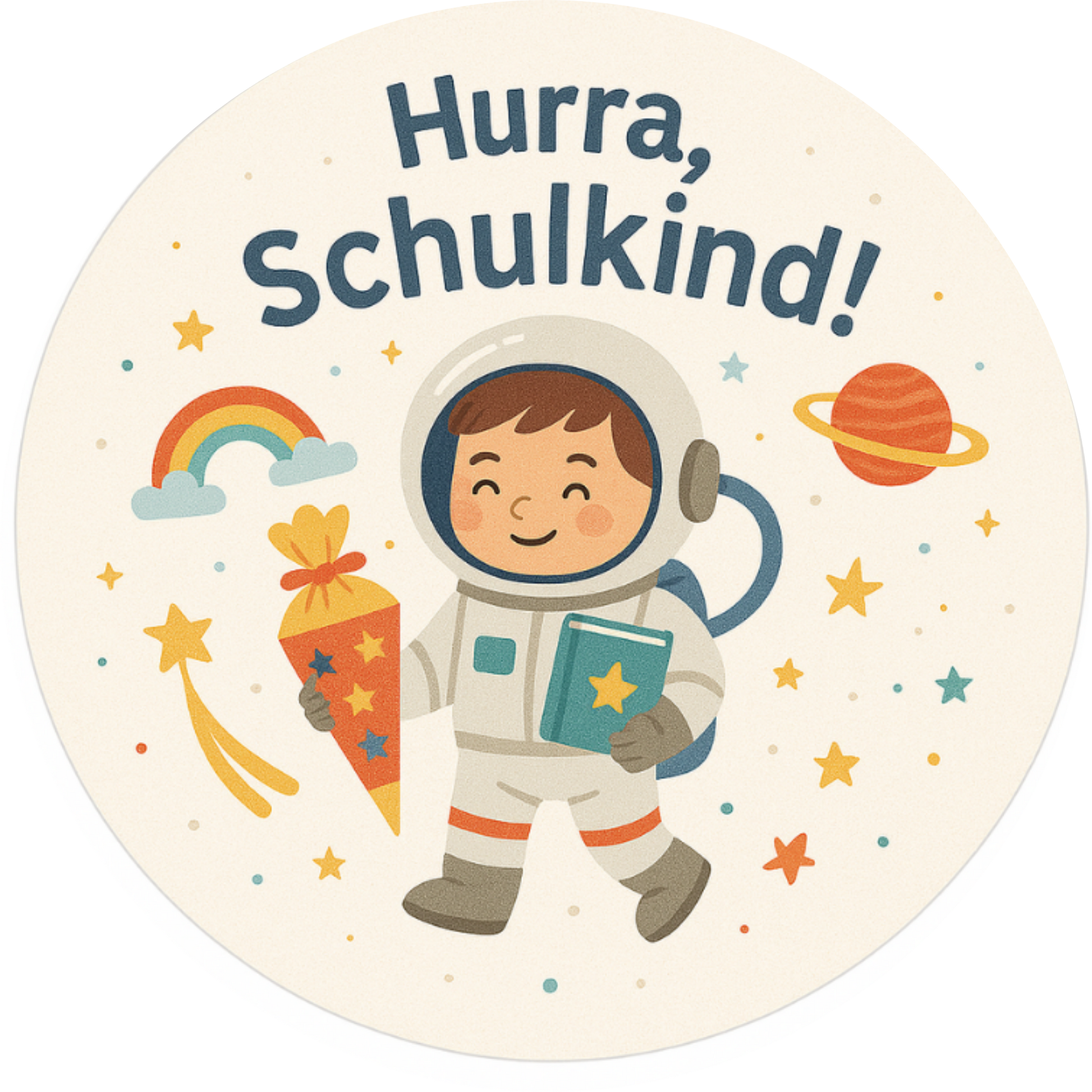 Schulkind Motiv Astronaut und Text: „Hurra, ich bin ein Schulkind“