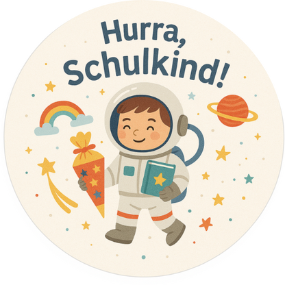 Schulkind Motiv Astronaut und Text: „Hurra, ich bin ein Schulkind“