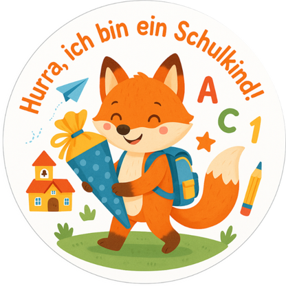 Fuchs mit Schulranzen, Ballons und Text: „Hurra, ich bin ein Schulkind“