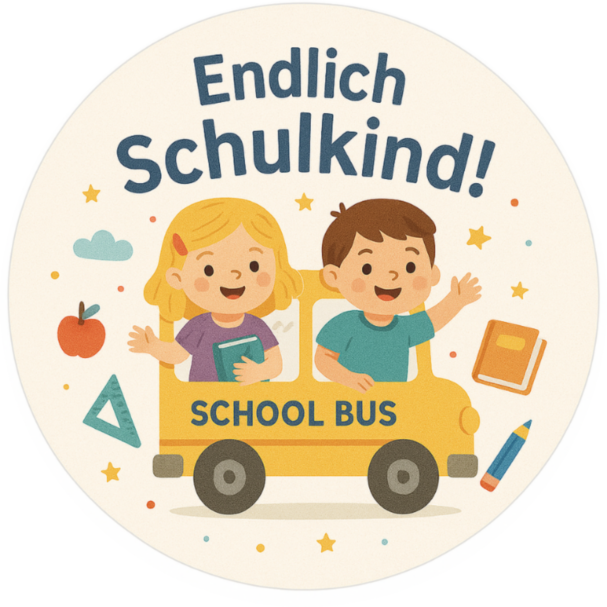 
Zwei Kinder mit Schultaschen und Text: „Endlich Schulkind!“ sowie „School Bus“