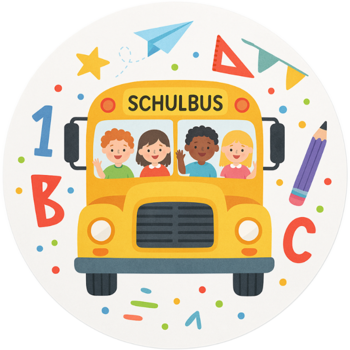 Gelber Schulbus mit Tieren und Schulkind-Motiven