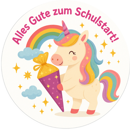 Einhorn mit Regenbogenmähne und Text: „Alles Gute zum Schulstart!“