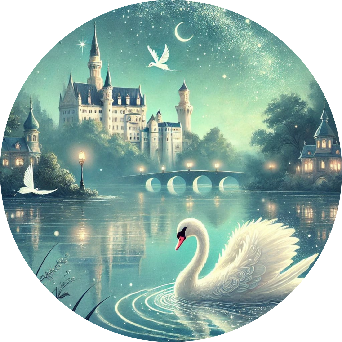 Märchenschloss mit Schwanensee im Vordergrund bei Nacht
