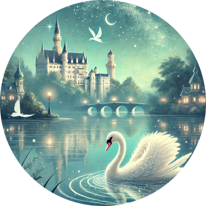 Märchenschloss mit Schwanensee im Vordergrund bei Nacht