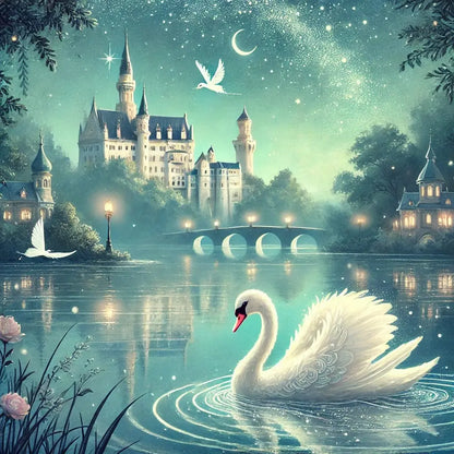 Ein verträumter Schwanenteich mit elegantem Schloss im Hintergrund, Mondlicht und glitzerndem Wasser.