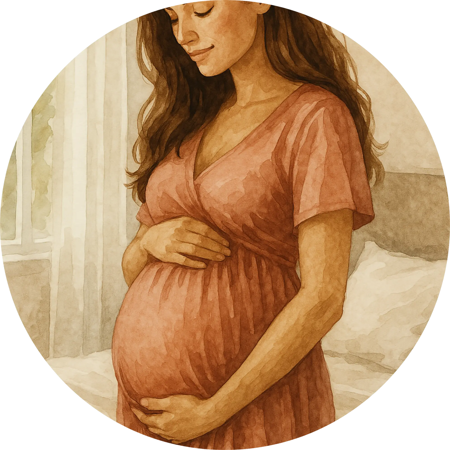 Schwangere Frau mit Hand auf dem Bauch – zartes, warmes Schwangerschaftsmotiv