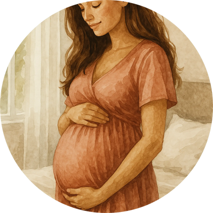 Schwangere Frau mit Hand auf dem Bauch – zartes, warmes Schwangerschaftsmotiv