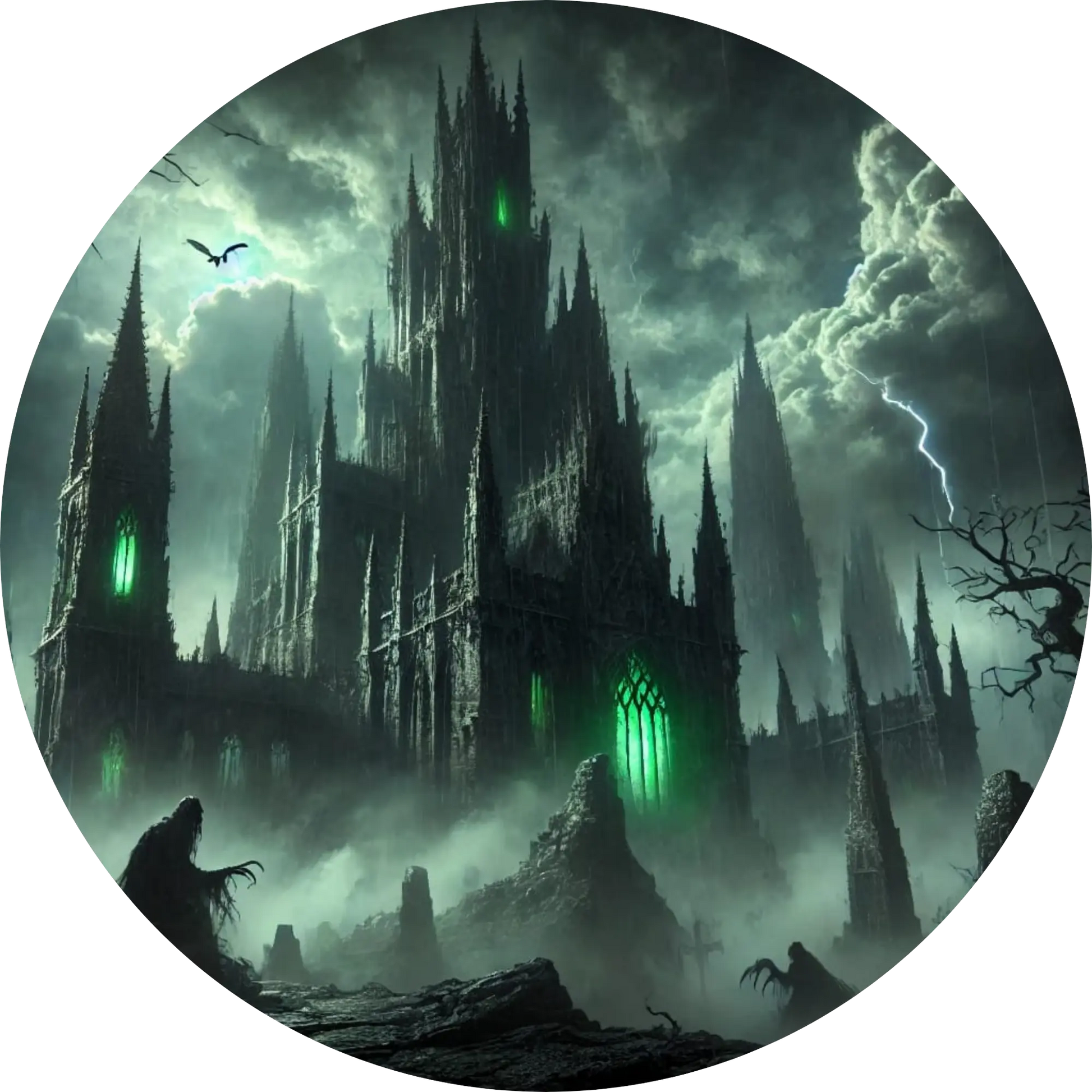 Schwarzgrünes Schloss mit spitzen Türmen vor stürmischem Himmel