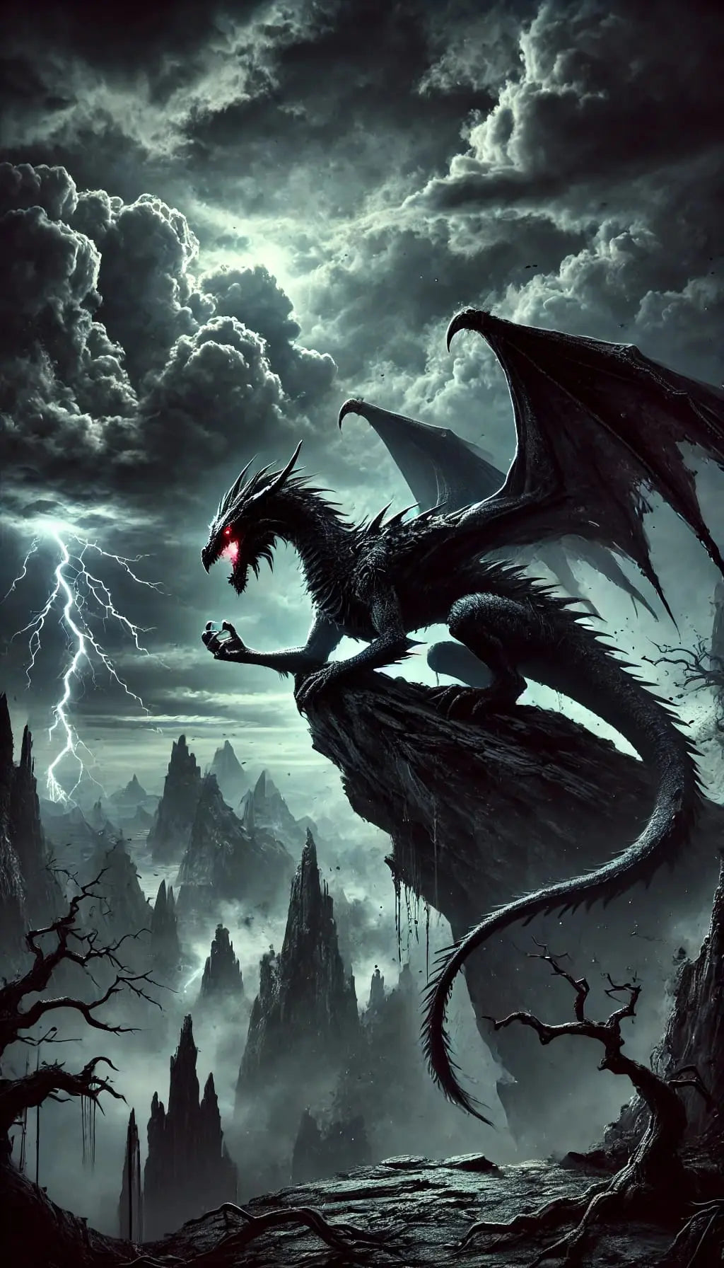 Drache auf schwarzem Fels bei Nacht – Geflügelter Drache ruht dramatisch im Mondlicht auf einer steilen Felswand.