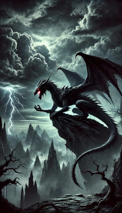 Drache auf schwarzem Fels bei Nacht – Geflügelter Drache ruht dramatisch im Mondlicht auf einer steilen Felswand.