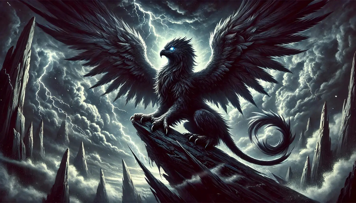 Schwarzsilberner Greifvogel im Flug – Kräftiger Phönix mit weit ausgebreiteten Schwingen fliegt durch eine monochrome, epische Landschaft.