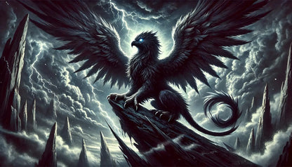 Schwarzsilberner Greifvogel im Flug – Kräftiger Phönix mit weit ausgebreiteten Schwingen fliegt durch eine monochrome, epische Landschaft.