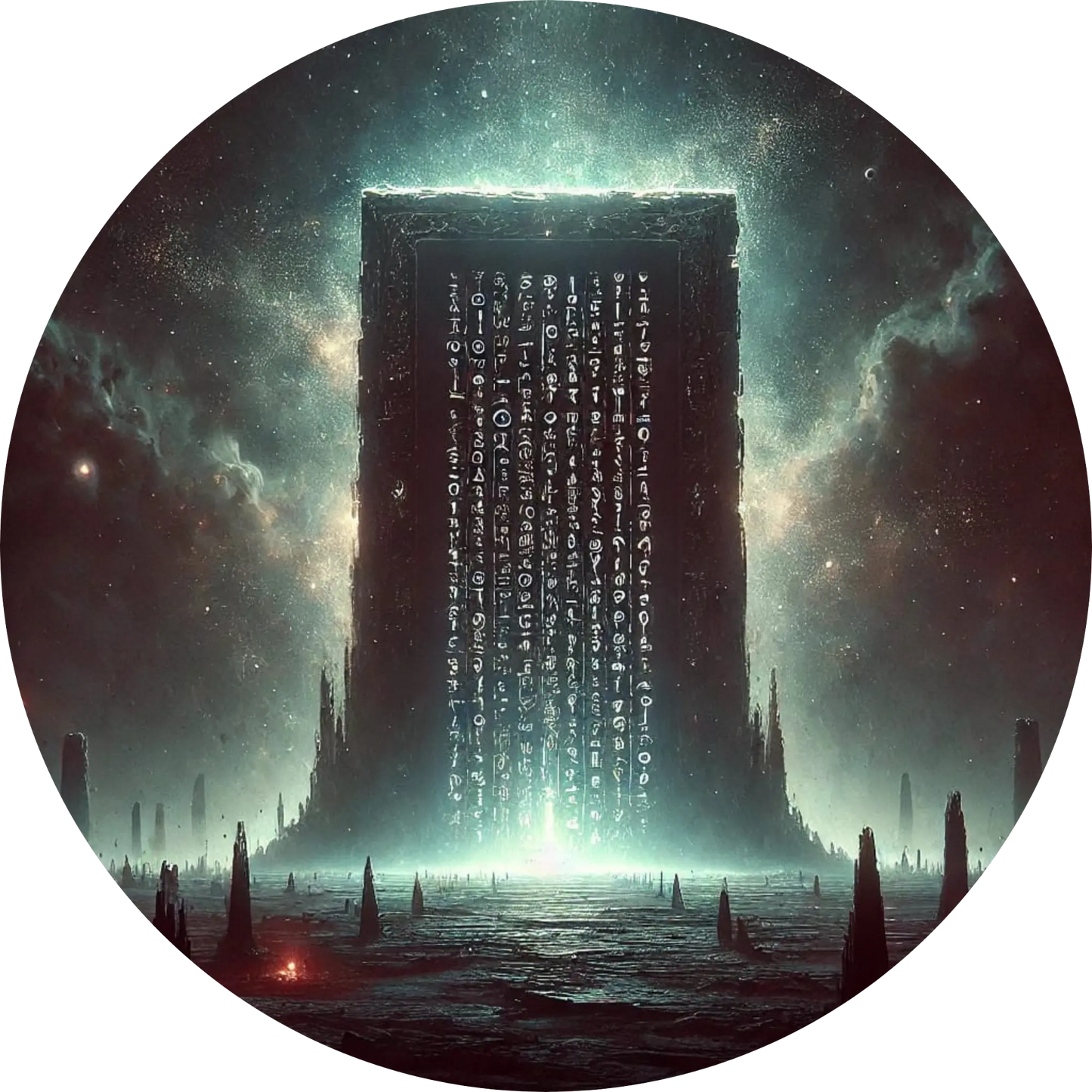 Schwarzer Monolith mit leuchtendem Tor in dystopischer Umgebung
