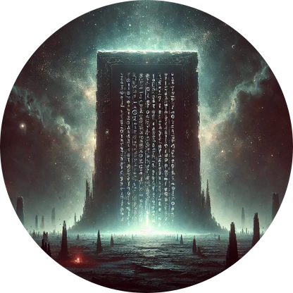 Schwarzer Monolith mit leuchtendem Tor in dystopischer Umgebung

