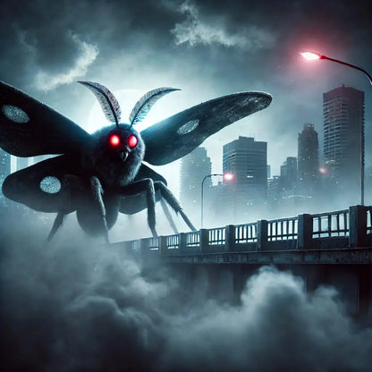 Mysteriöser Mothman-artiger Nachtfalter mit glühenden Augen fliegt über eine nebelige Großstadt