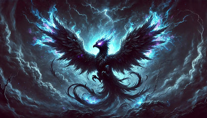 Phönix auf dunklem Himmel mit Energieflügeln – Ein leuchtender Vogel entfaltet seine energievollen Schwingen über einem tiefschwarzen Nachthimmel.