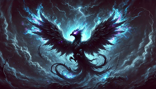 Phönix auf dunklem Himmel mit Energieflügeln – Ein leuchtender Vogel entfaltet seine energievollen Schwingen über einem tiefschwarzen Nachthimmel.