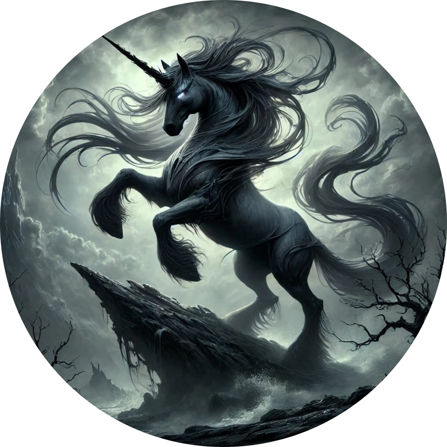 Mystisches schwarzes Einhorn mit dunklem Hintergrund und Lichtreflexen