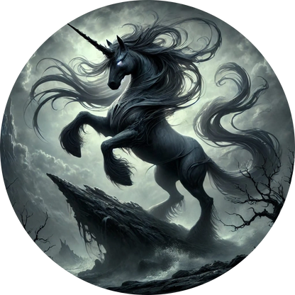 Mystisches schwarzes Einhorn mit dunklem Hintergrund und Lichtreflexen