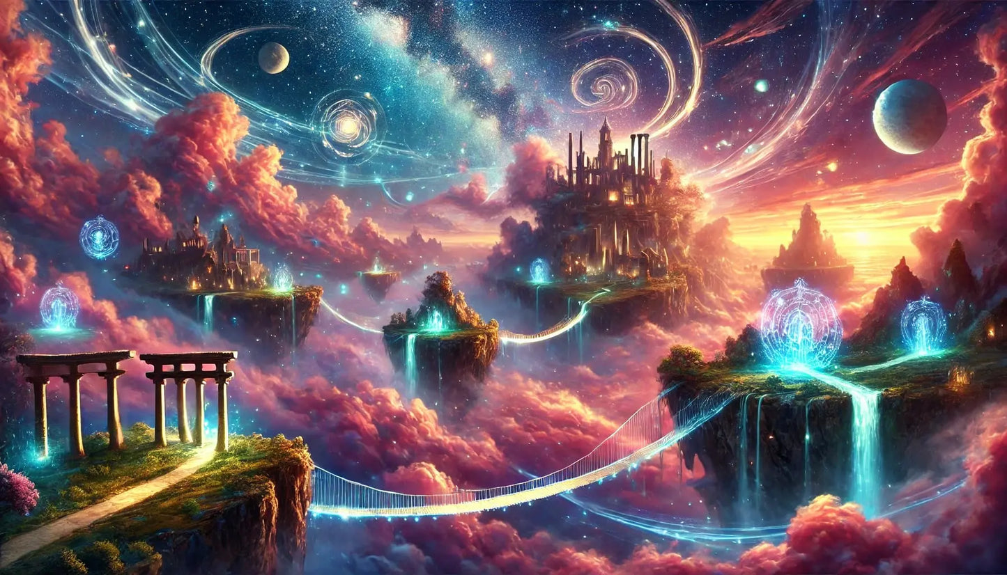 Fantastische Himmelslandschaft mit schwebenden Inseln, magischen Portalen und leuchtenden Galaxien – farbenprächtige Traumwelt mit kosmischem Flair.