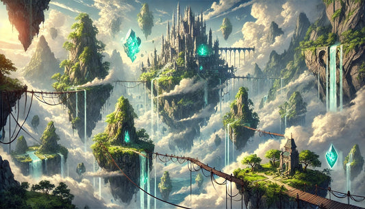 Fantasievolle Himmelslandschaft mit schwebenden Bergen und Wasserfällen.