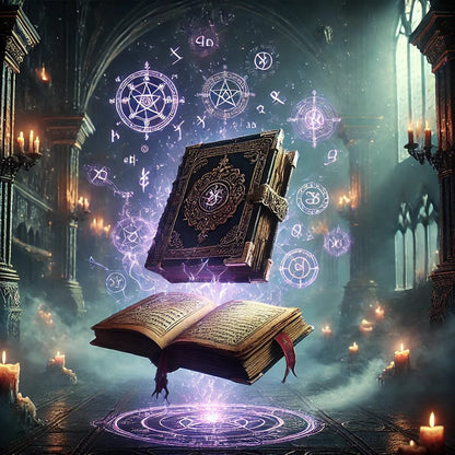 Zwei schwebende Zauberbücher mit leuchtenden magischen Symbolen in einer alten Bibliothek.