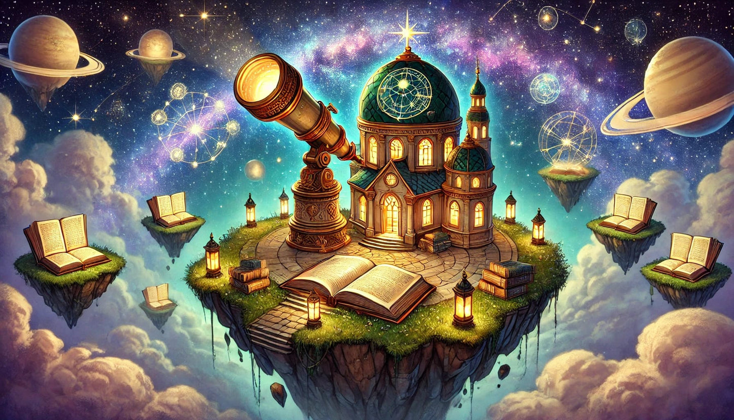 Fantastische Szene mit schwebender Bibliothek, Planeten, Teleskop und aufgeschlagenen Büchern.