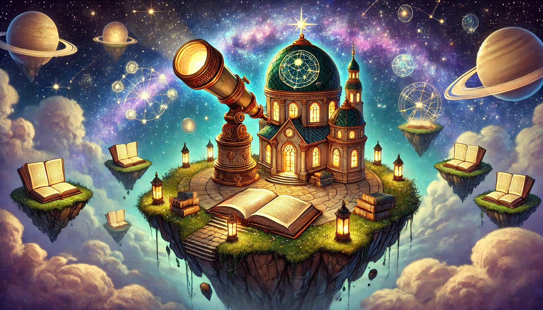 Fantastische Szene mit schwebender Bibliothek, Planeten, Teleskop und aufgeschlagenen Büchern.