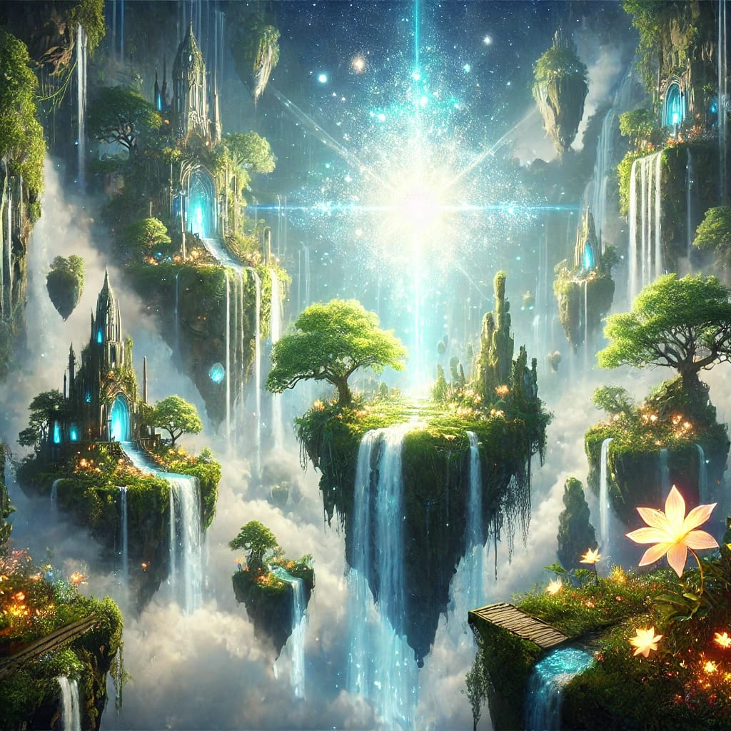 Schwebende Inseln mit Wasserfällen und magischem Licht in einer fantastischen Himmelslandschaft.