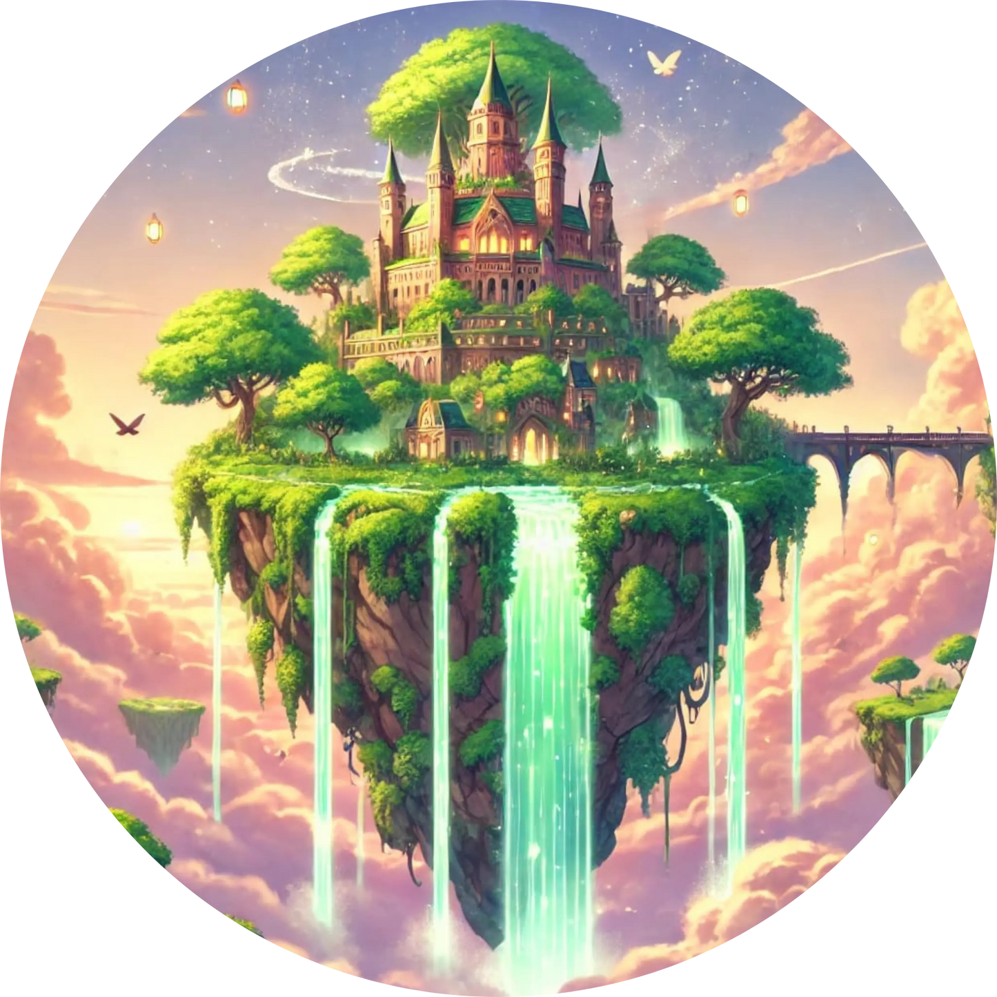 Schwebende Insel mit Schloss und Wasserfall in einer Fantasy-Welt