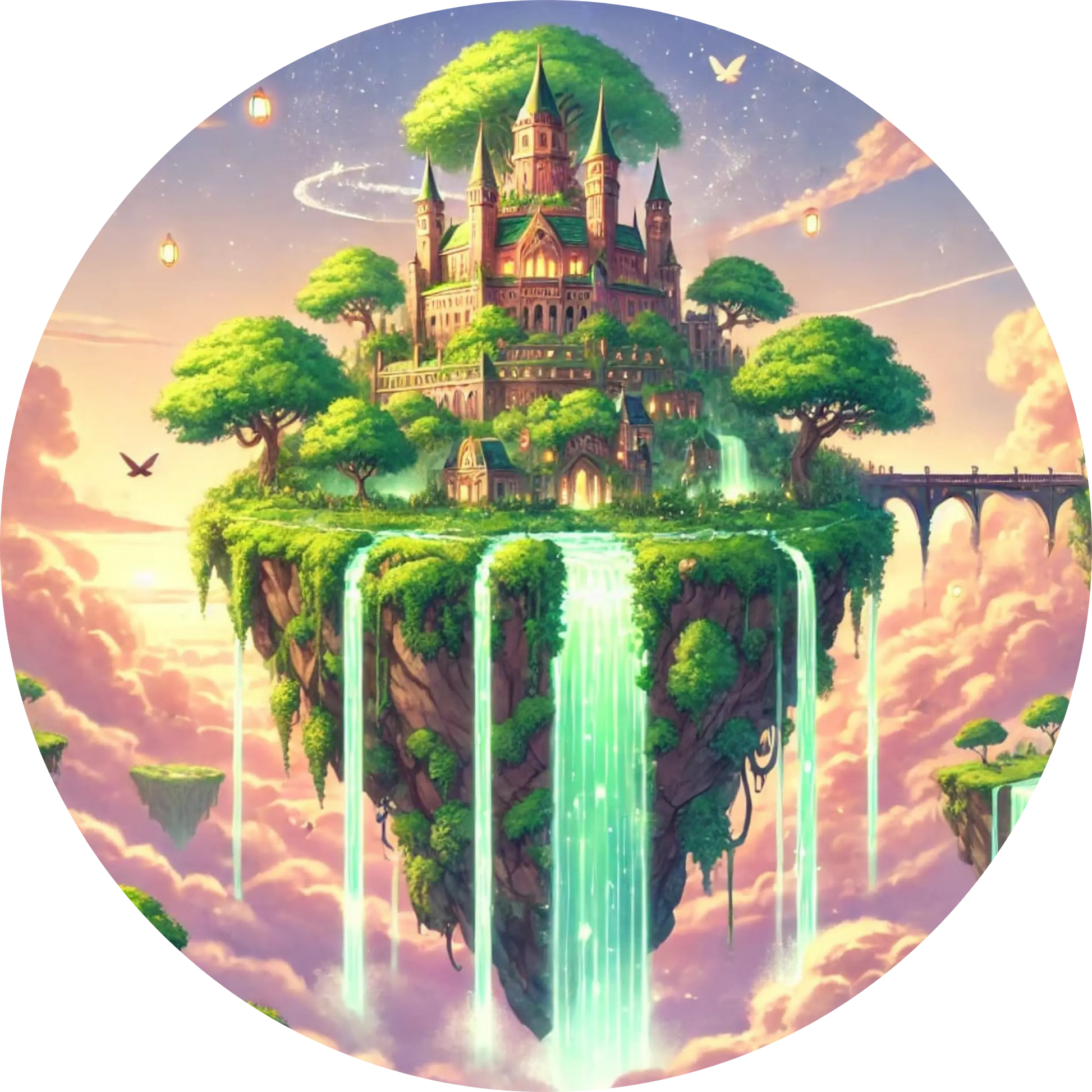 Magisches Schloss auf schwebender Insel über Wasserfällen bei Sonnenuntergang