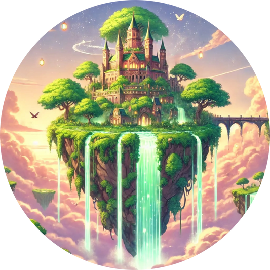 Magisches Schloss auf schwebender Insel über Wasserfällen bei Sonnenuntergang