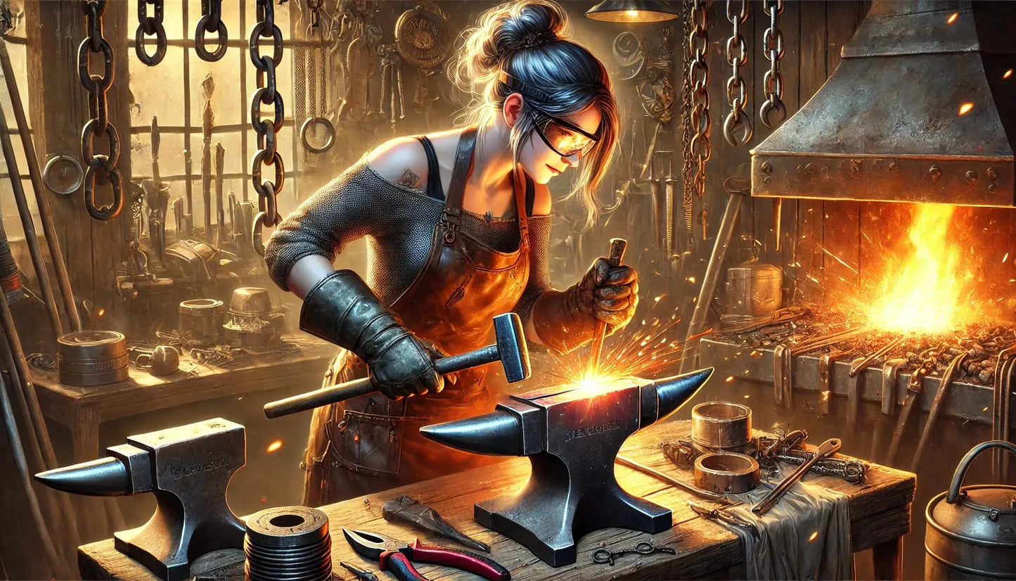 Schweißerin bei der Arbeit
Essbarer Tortenaufleger im DIN A4 Format – Szene einer Frau beim Schmieden mit Schutzbrille und Funkenflug, modern und energiegeladen