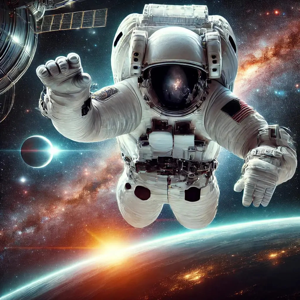 Astronaut schwebt schwerelos im All vor hellem Sternenhintergrund.