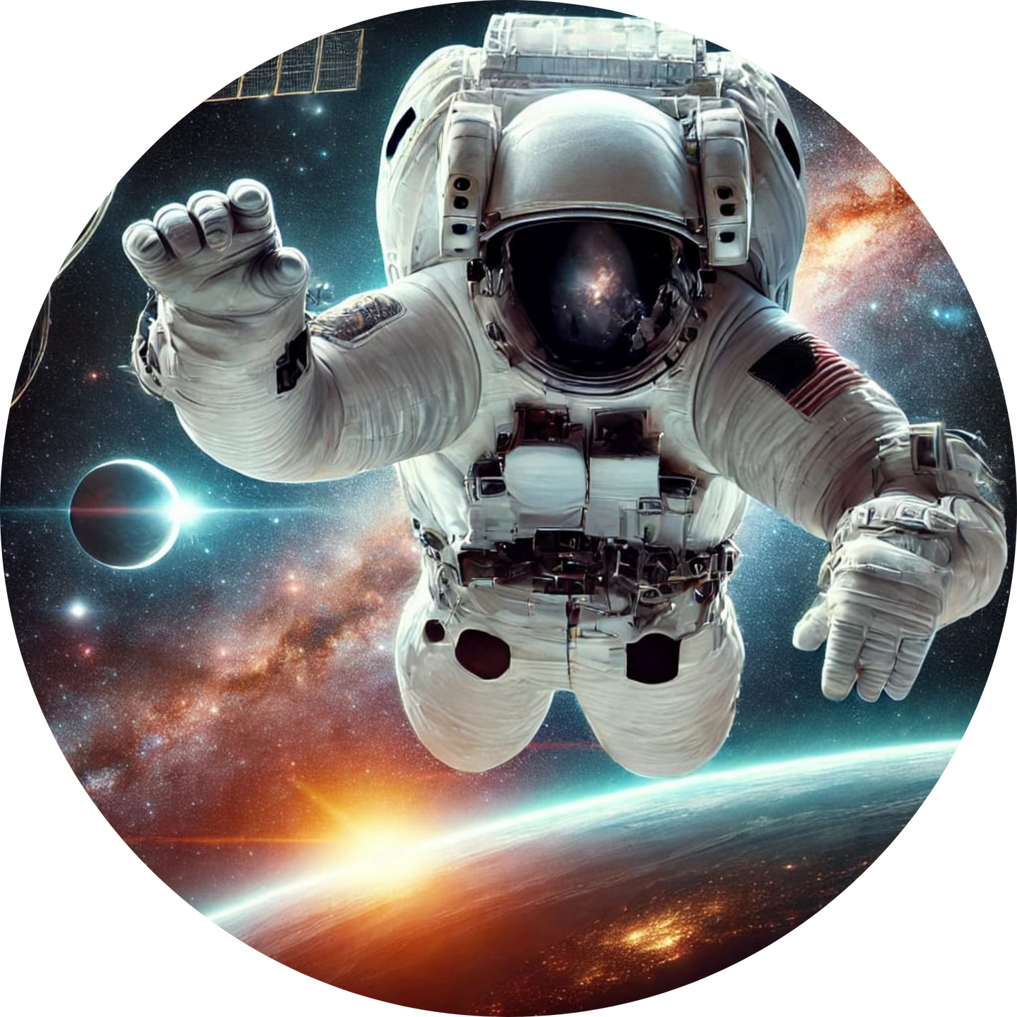 Astronaut in schwereloser Pose vor der Erde