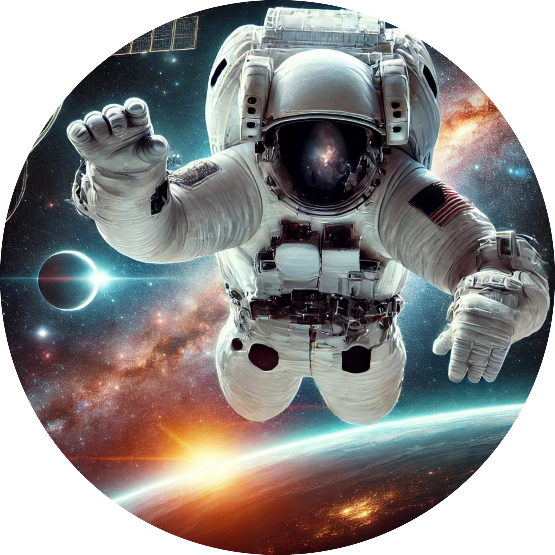 Astronaut in schwereloser Pose vor der Erde