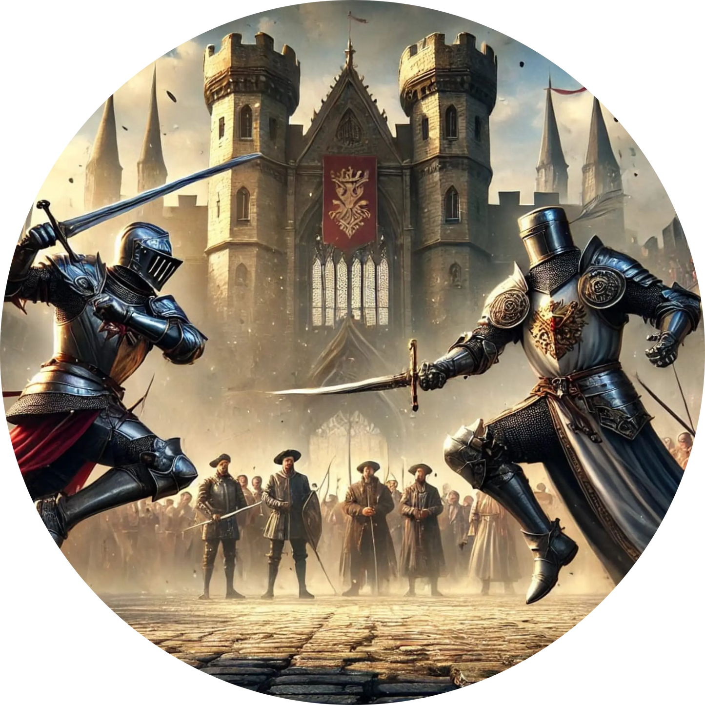 Zwei Ritter im Schwertkampf vor einer Festung – dramatische Action in realistischer Darstellung.