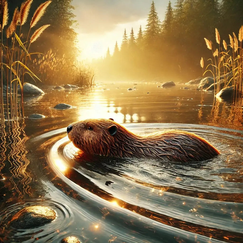 Biber schwimmt im goldenen Abendlicht mit glitzerndem Wasserfall